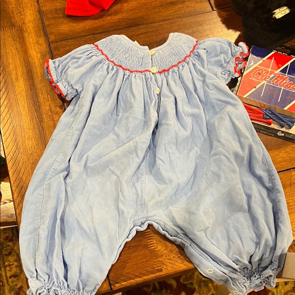 Blue Babeeni Baby Romper with Santa Christmas Embroidery Smocked 6 Month EUC - Picture 3 of 4